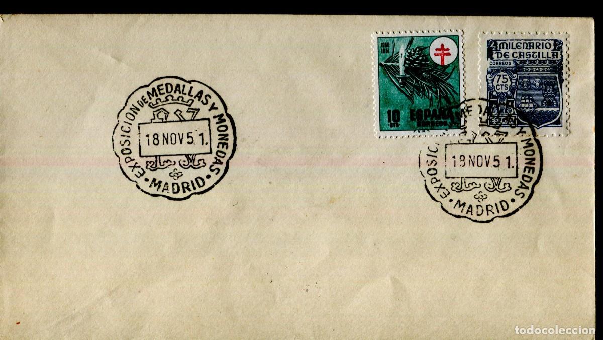 Sellos: SOBRE CON MATASELLO ESPECIAL. EXPOSICI&Oacute;N DE MEDALLAS Y MONEDAS. MADRID 1951.