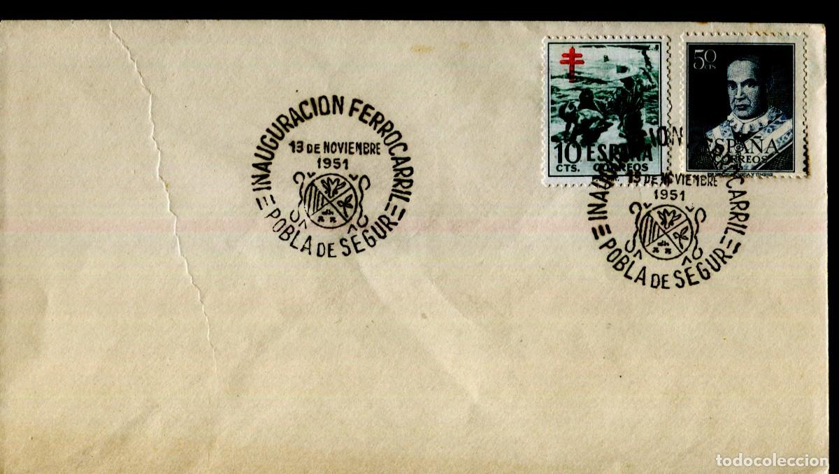 Sellos: Matasellos tema trenes. Inauguraci&oacute;n ferrocarril. Pobla de Segur. 13 noviembre 1951