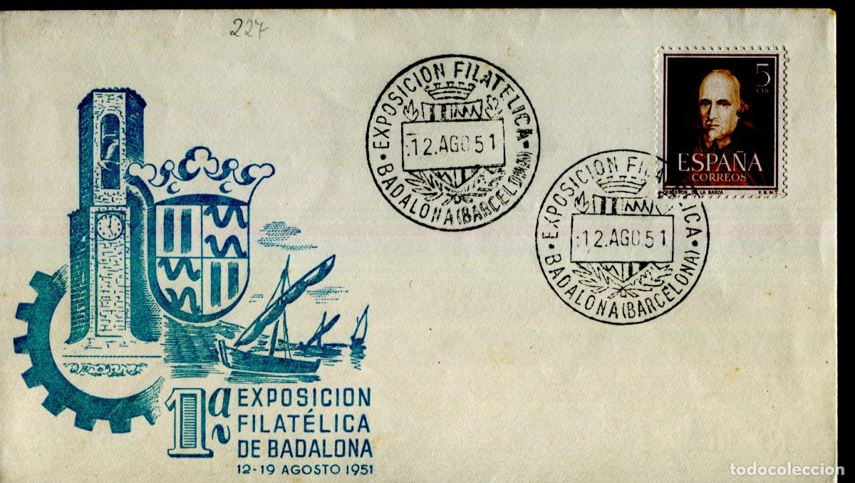 Sellos: 1951 - 1&ordf; EXPOSICION FILATELICA BADALONA (BARCELONA) SOBRE ILUSTRADO NUMERADO MATASELLO ESPECIAL