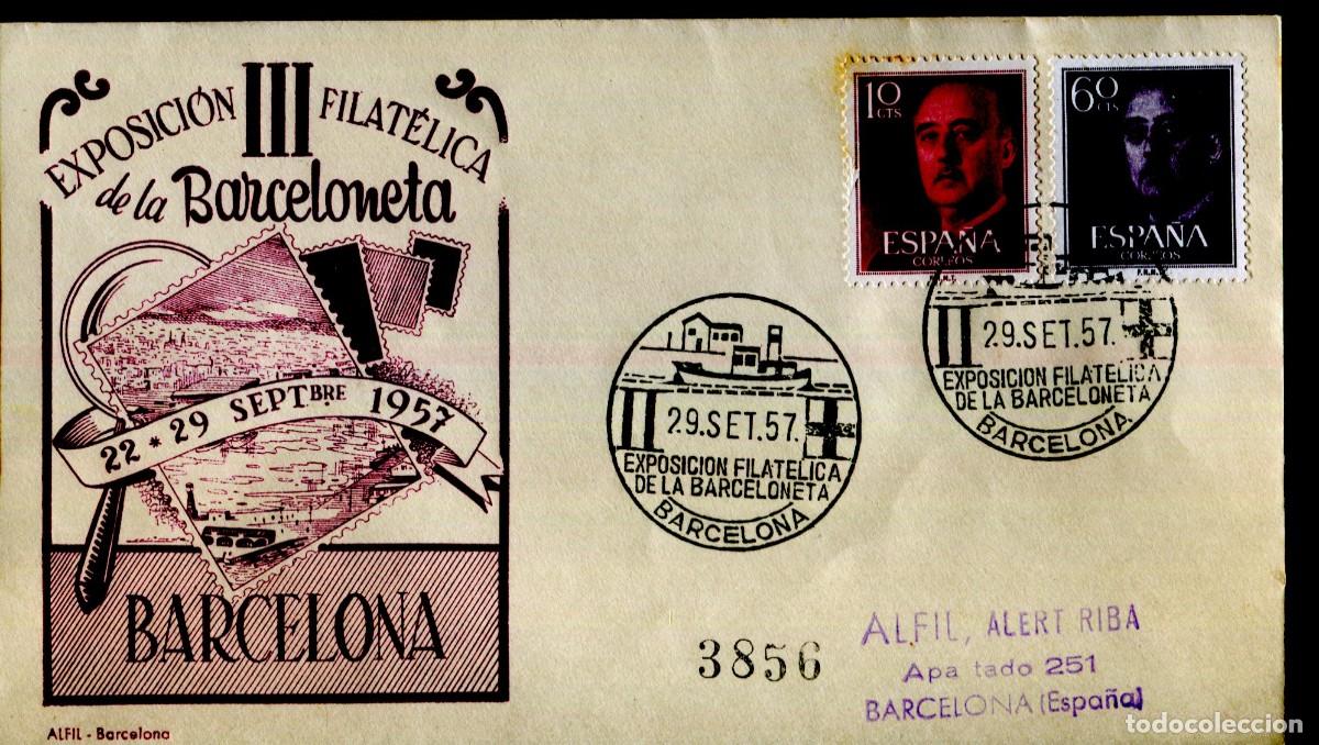 Sellos: &ntilde;o 1957, EXPOSICION FILATELICA DE LA BARCELONETA, 29-9-1957, Edicion Oficial circulado SOBRE ALFIL