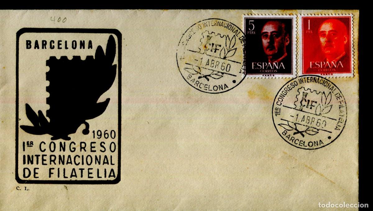 Sellos: SOBRE ILUSTRADO CON MATASELLO ESPECIAL 1&ordf; CONGRESO INTERNACIONAL DE FILATELIA BARCELONA A&Ntilde;O 1960