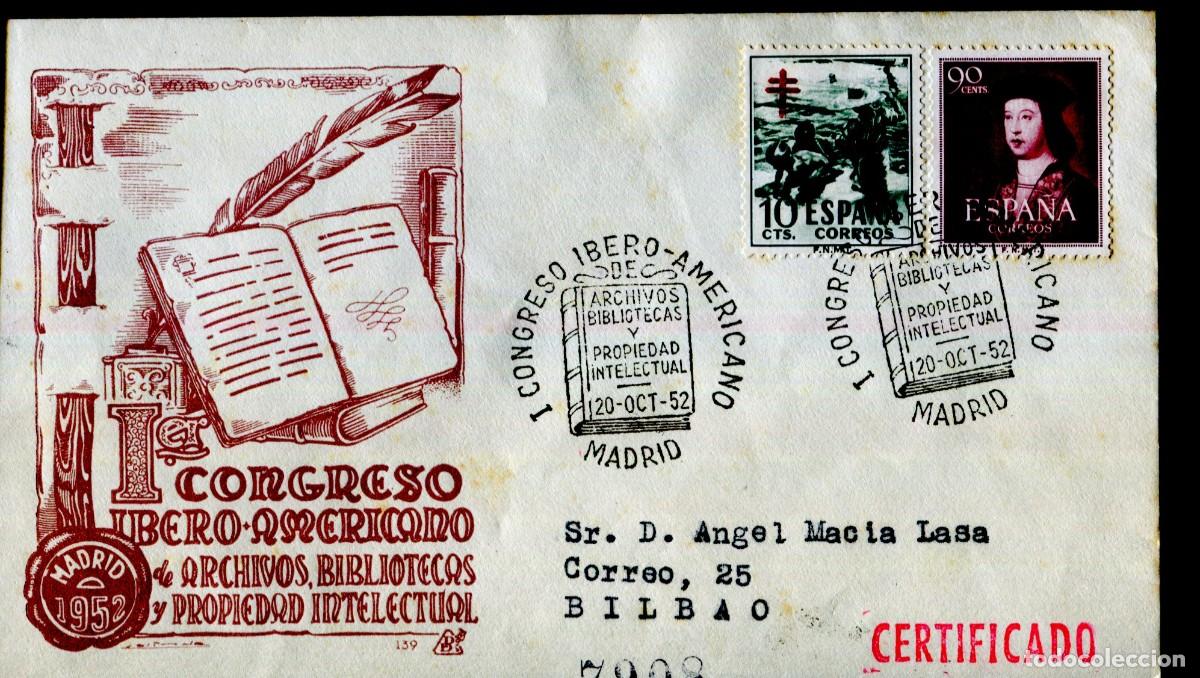 Sellos: A&ntilde;o 1952, primer congreso de archivos, bibliotecas y propiedad intelectual, Panfilatelicas circulado