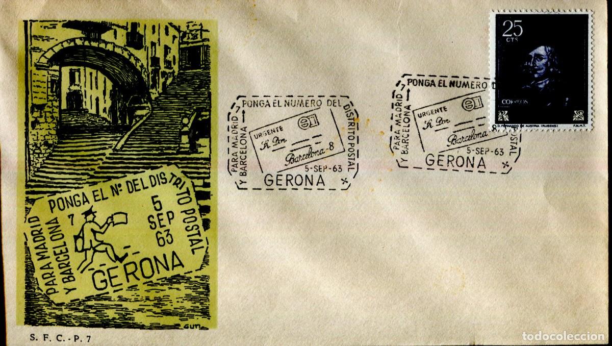 Sellos: SOBRE : CARTERO: PROPAGANDA DISTRITOS POSTALES, GERONA 1963. matasellos especial