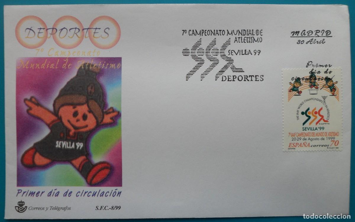 Sellos: 1999-ESPA&Ntilde;A-SOBRES PRIMER DIA-VER FOTOS-N&ordm;3627-CAMPEONATO DE ATLETISMO-SEVILLA 99