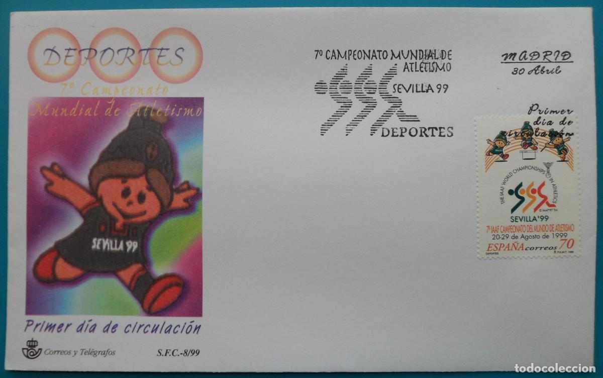 Sellos: 1999-ESPA&Ntilde;A-SOBRES PRIMER DIA-VER FOTOS-N&ordm;3627-CAMPEONATO DE ATLETISMO-SEVILLA 99