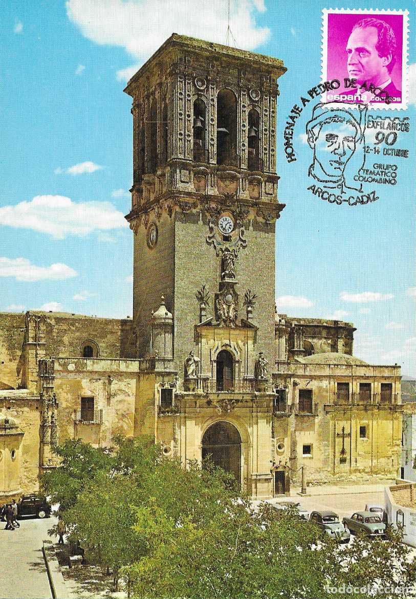 Sellos: PEDRO DE ARCOS HOMENAJE GRUPO COLOMBINO, ARCOS (CADIZ) 1990 MATASELLOS TARJETA TORRE SANTA MARIA VER