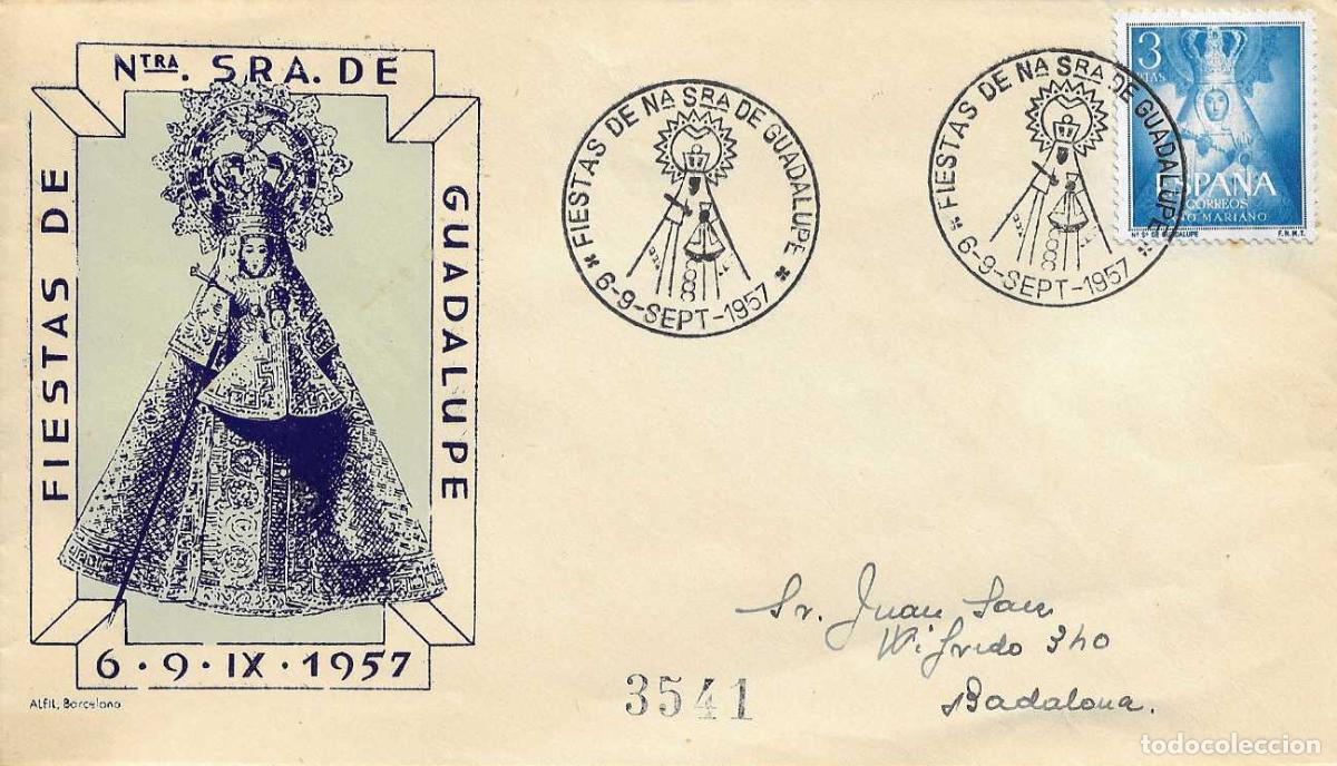 Sellos: FIESTAS DE NUESTRA SE&Ntilde;ORA DE GUADALUPE (CACERES) 1957. MATASELLOS EN SOBRE CIRCULADO ALFIL RARO RWR