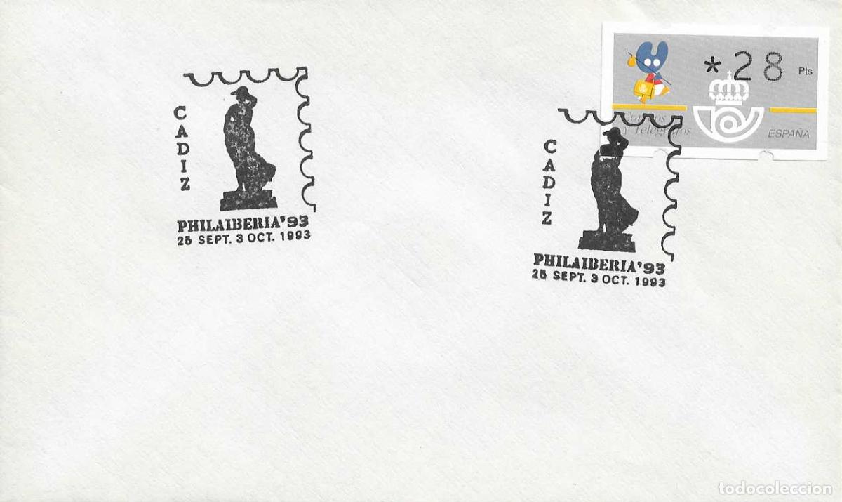 Sellos: MONUMENTO A GADES PHILAIBERIA-93 EXPOSICION HISPANO-LUSA CADIZ 1993 MATASELLOS EN SOBRE VER FRANQUEO