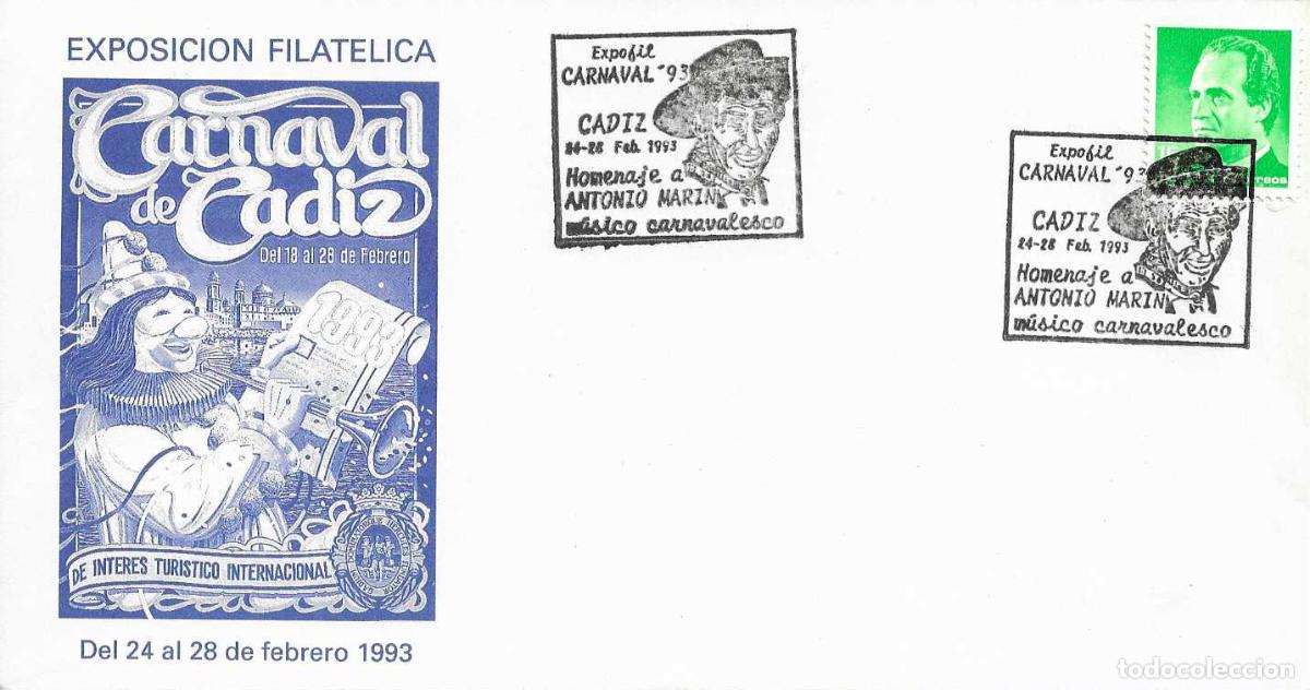 Sellos: CARNAVALES CARNAVAL HOMENAJE A ANTONIO MARIN MORALES, CADIZ 1993 MATASELLOS EN RARO SOBRE MUSICA VER