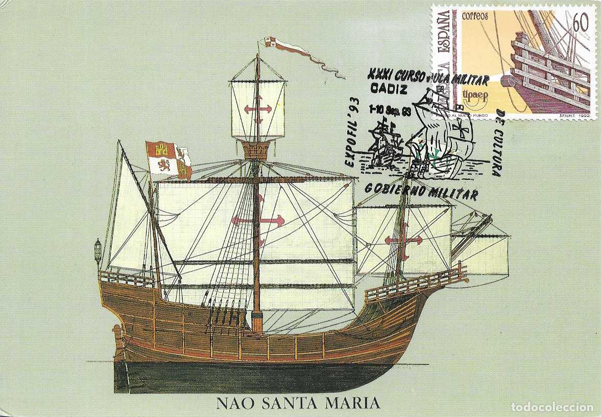 Sellos: CARABELAS COLON BARCOS EXPOFIL 93 AULA MILITAR, CADIZ 1993. RARO MATASELLOS TARJETA NAO SANTA MARIA