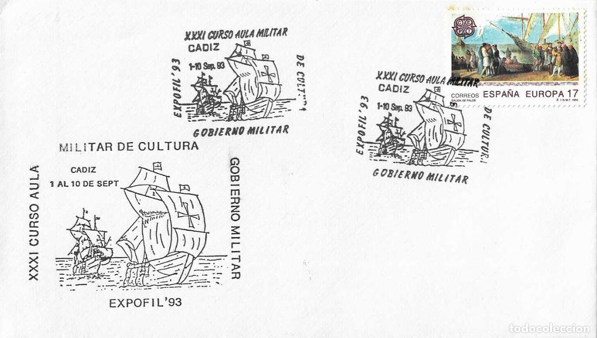 Sellos: CARABELAS COLON BARCOS EXPOFIL 93 AULA MILITAR, CADIZ 1993. MATASELLOS RARO SOBRE ILUSTRADO VER
