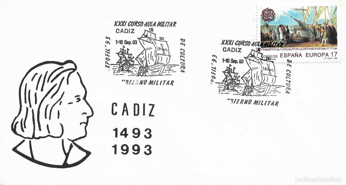 Sellos: CARABELAS COLON BARCOS EXPOFIL 93 AULA MILITAR, CADIZ 1993. MATASELLOS EN RARO SOBRE ILUSTRADO