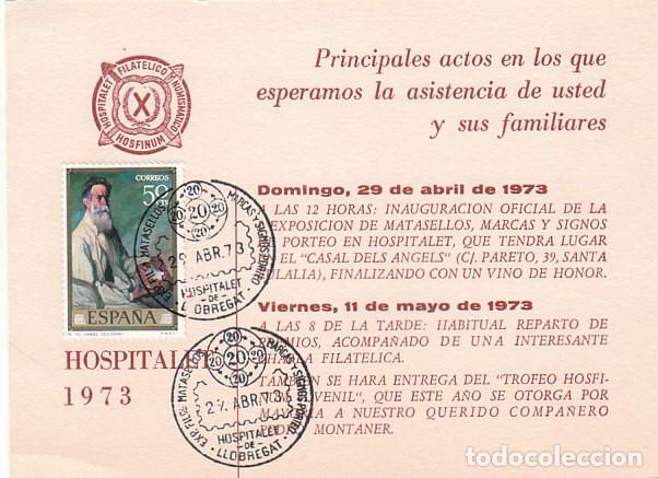Sellos: A&Ntilde;O 1973, HOSPITALET, EXPOSICION DE ATASELLOS DE MARCAS POSTALES, EN TARJETA DE ACTOS