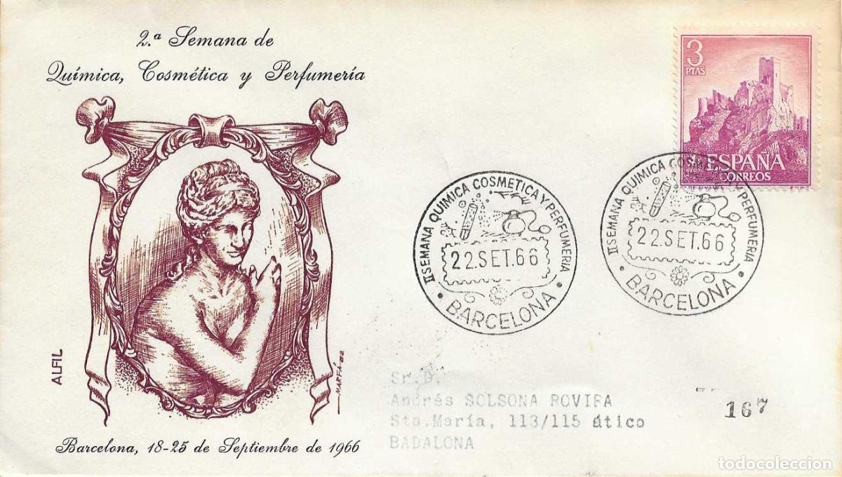 Sellos: QUIMICA COSMETICA PERFUMERIA II SEMANA, BARCELONA 22 SEPTIEMBRE 1966. MATASELLOS EN SOBRE ALFIL RWR