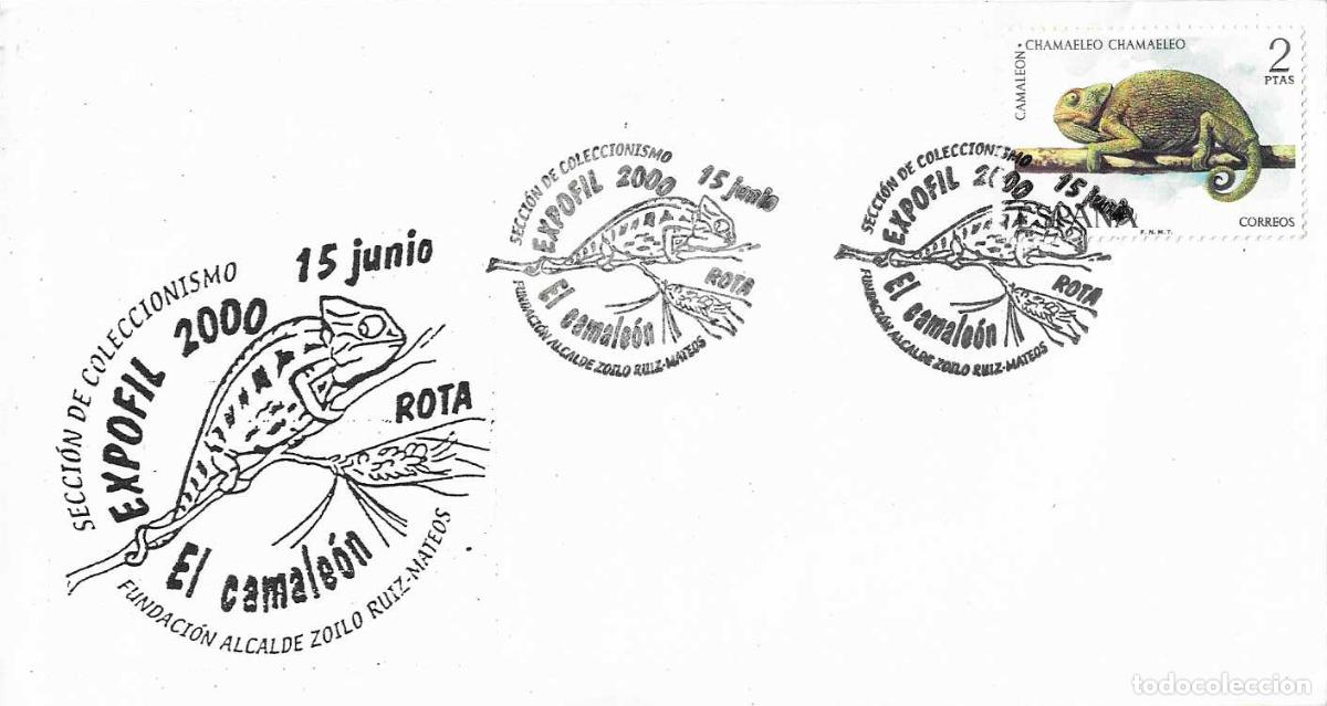 Sellos: EL CAMALEON FAUNA EXPOFIL FUNDACION RUIZ MATEOS, ROTA (CADIZ) 2000. MATASELLOS SOBRE RARO FRANQUEO