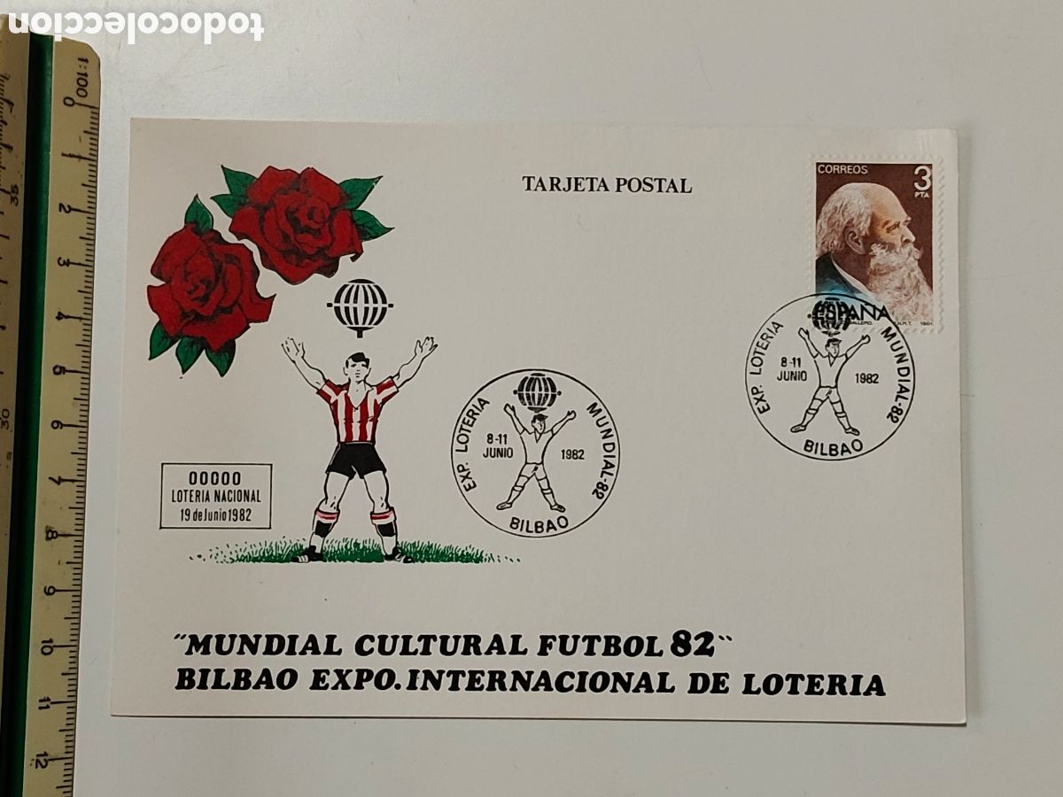 Sellos: Tarjeta postal Bilbao Exposici&oacute;n internacional de Loter&iacute;a Junio 1982 Sello y matasello