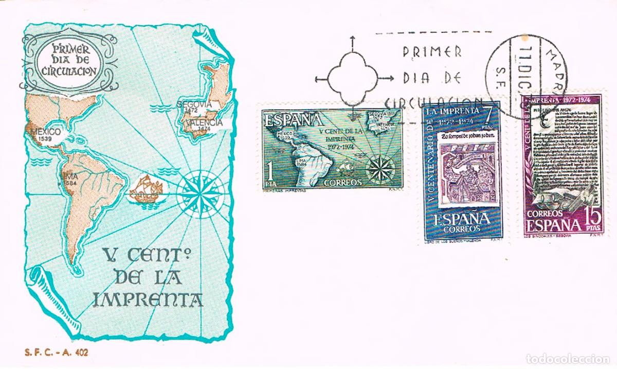 Sellos: EDIFIL 2164/6, V CENTENARIO DE LA IMPRENTA, PRIMER DIA DE 11-12-1973 EN 1 SOBRE DEL SFC