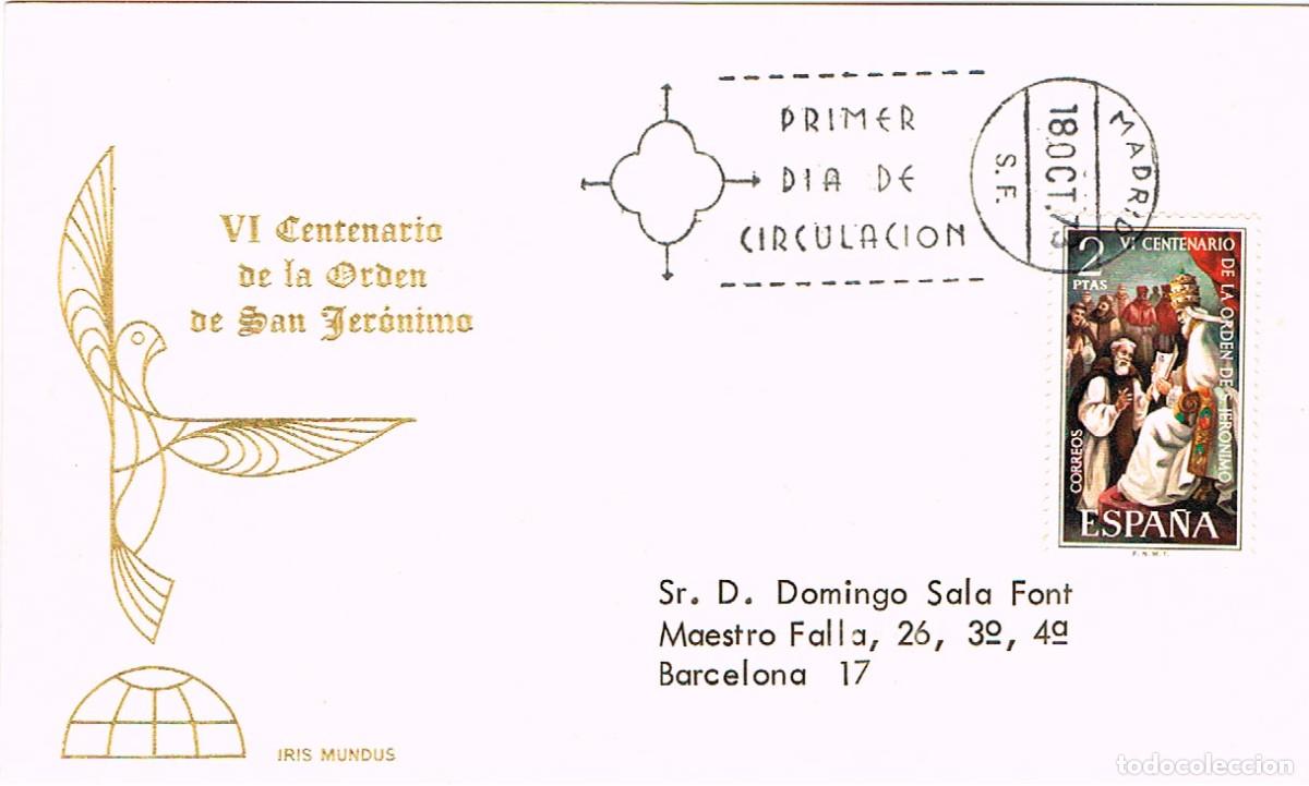 Sellos: EDIFIL 2158, VI CENTENARIO DE LA ORDEN DE SAN JERONIMO, PRIMER DIA 18-10-1973 IRIS MUNDUS