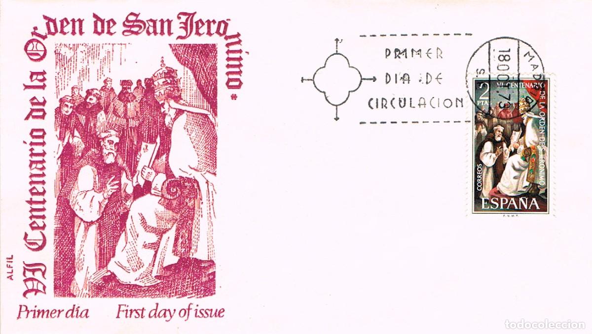 Sellos: EDIFIL 2158, VI CENTENARIO DE LA ORDEN DE SAN JERONIMO, PRIMER DIA 18-10-1973 SOBRE DE ALFIL