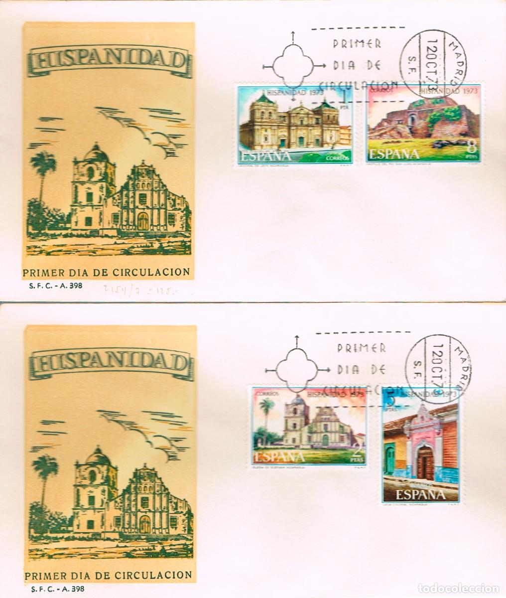 Sellos: EDIFIL 2154/7, HISPANIDAD 1973: NICARAGUA, PRIMER DIA DE 12-10-1973 2 EN 2 SOBRES DEL SFC