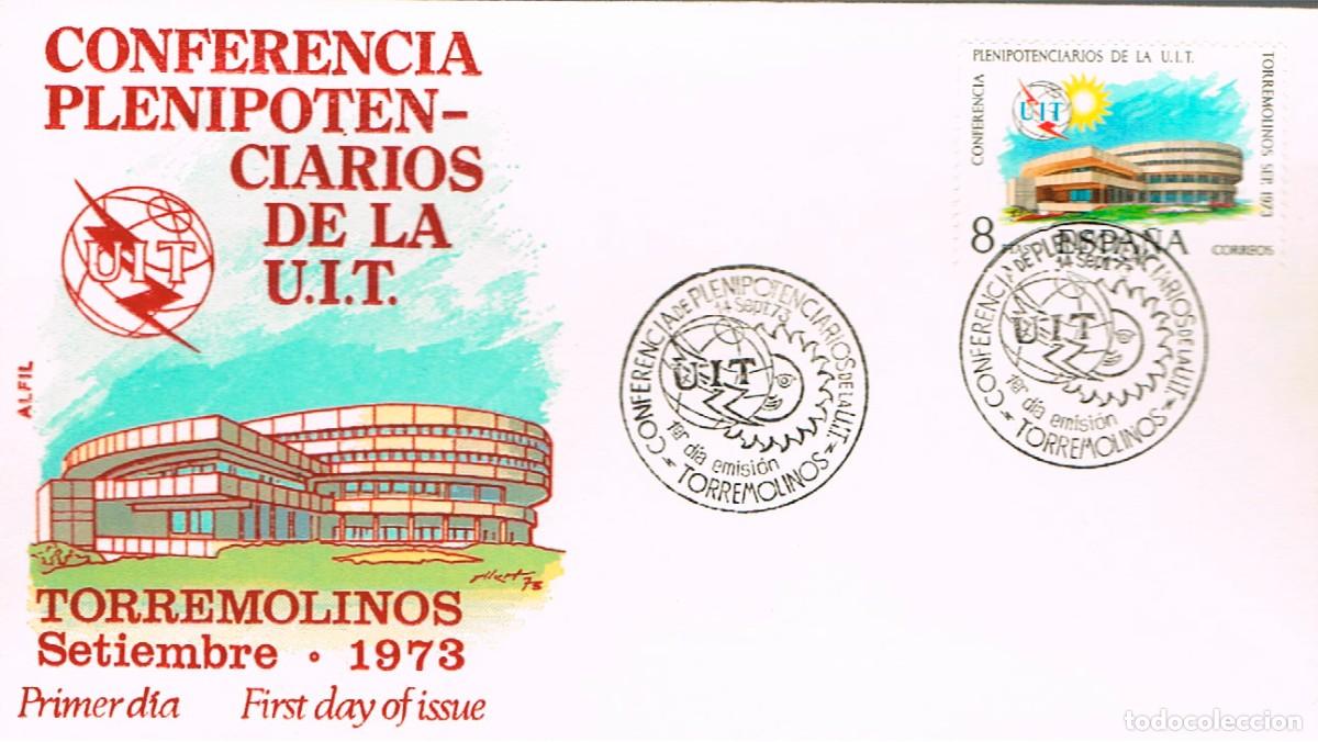 Sellos: EDIFIL 2145, CONFERENCIA PLENIPOTENCIARIOS UIT, PRIMER DIA ESPECIAL DE TORREMOLINOS 14-9-1973 ALFIL