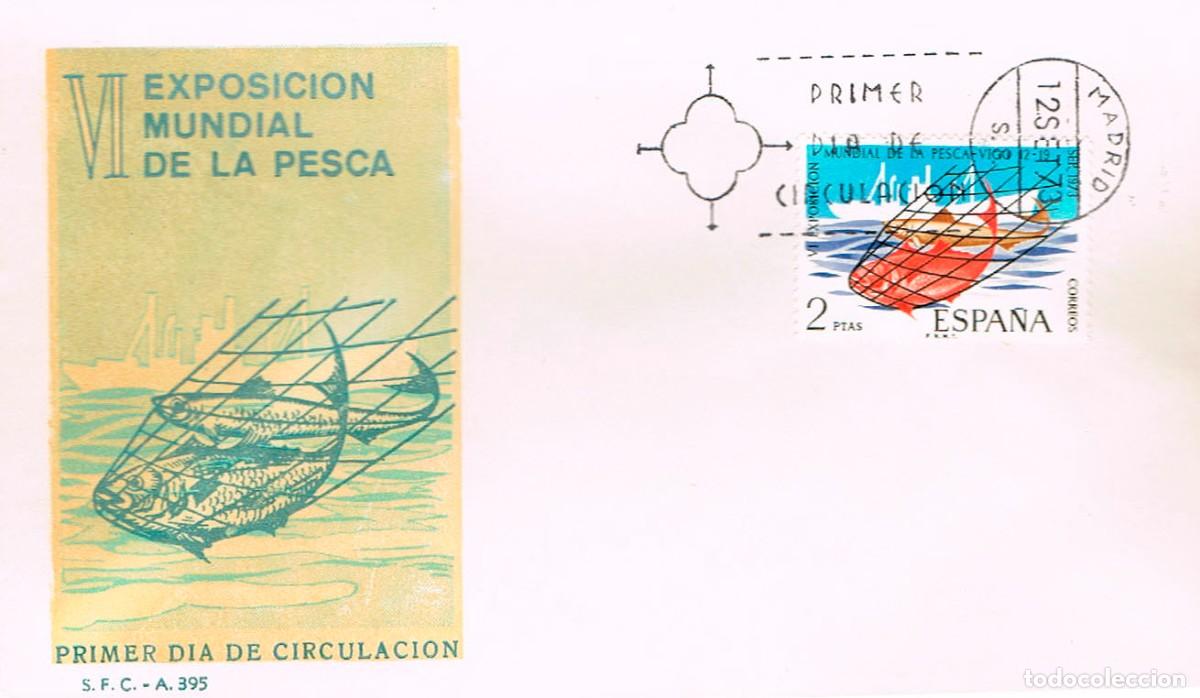 Sellos: EDIFIL 2144, EXPOSICI&Oacute;N MUNDIAL DE PESCA EN VIGO, PRIMER DIA DE 12-9-1973 SOBRE DEL SFC