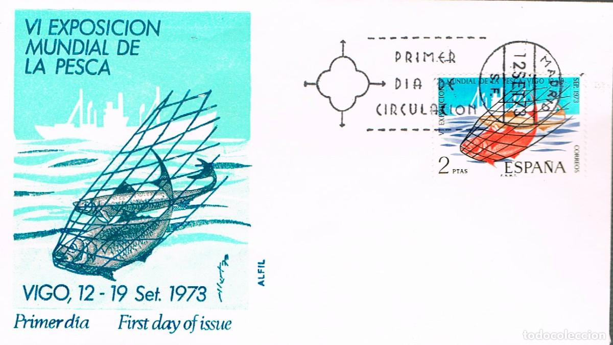 Sellos: EDIFIL 2144, EXPOSICI&Oacute;N MUNDIAL DE PESCA EN VIGO, PRIMER DIA DE 12-9-1973 SOBRE DE ALFIL