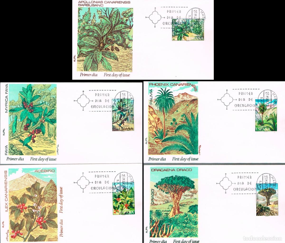 Sellos: EDIFIL 2120/4, FLORA 1973, PRIMER D&Iacute;A DE 21-3-1973 EN 5 SOBRES DE ALFIL