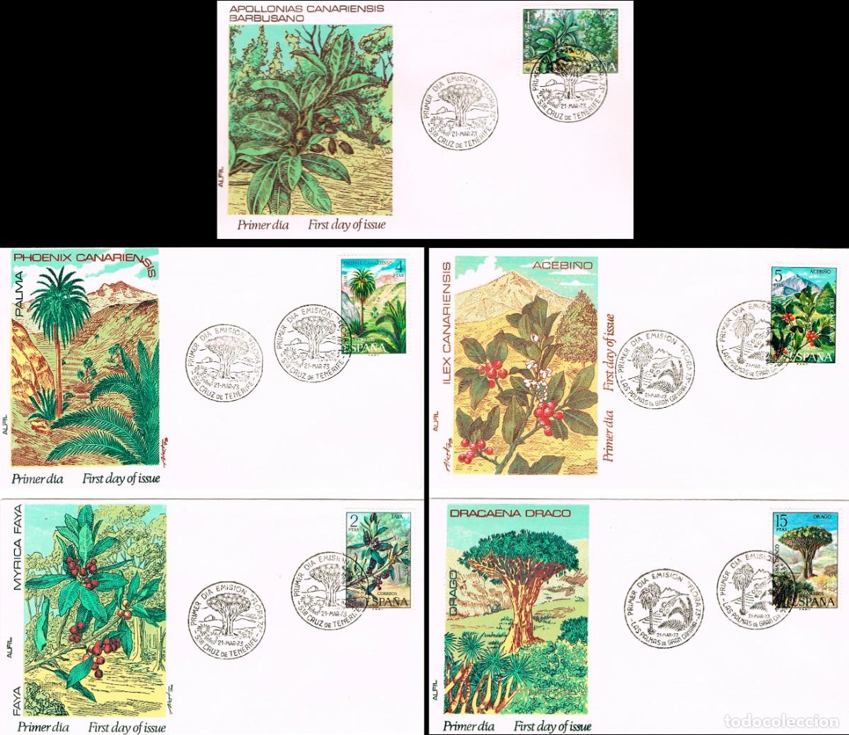 Sellos: EDIFIL 2120/4 FLORA 1973, PRIMER D&Iacute;A MATASELLO ESPECIAL DE SANTA CRUZ 21-3-1973 EN 5 SOBRES DE ALFIL