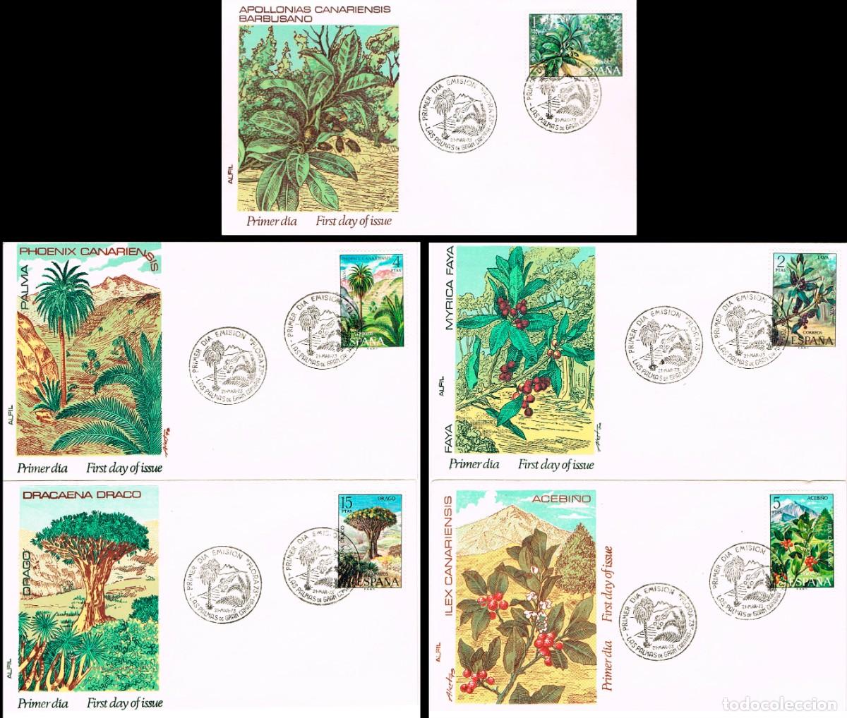 Sellos: EDIFIL 2120/4 FLORA 1973, PRIMER D&Iacute;A MATASELLO ESPECIAL DE LAS PALMAS 21-3-1973 EN 5 SOBRES DE ALFIL