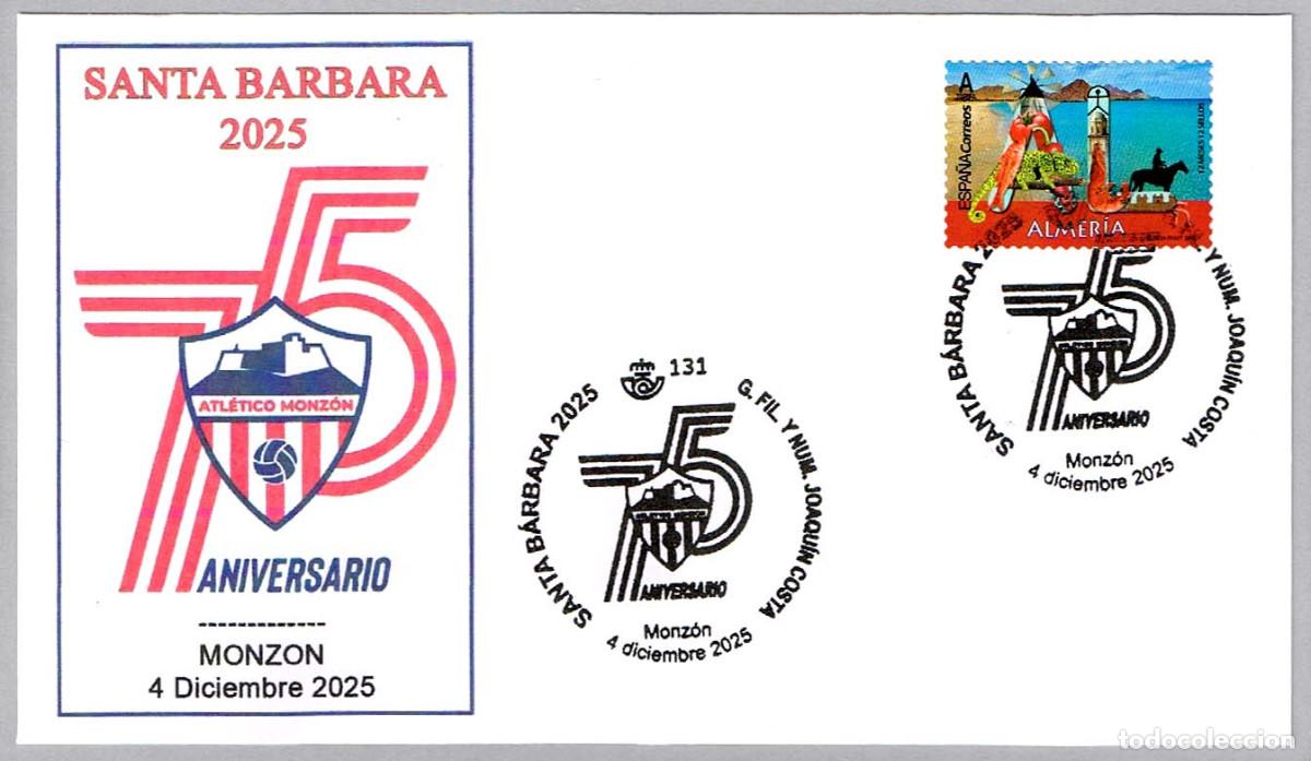Sellos: Matasellos 75 ANIV. ATLETICO MONZON - FUTBOL. Monzon, Huesca, Aragon, 2025