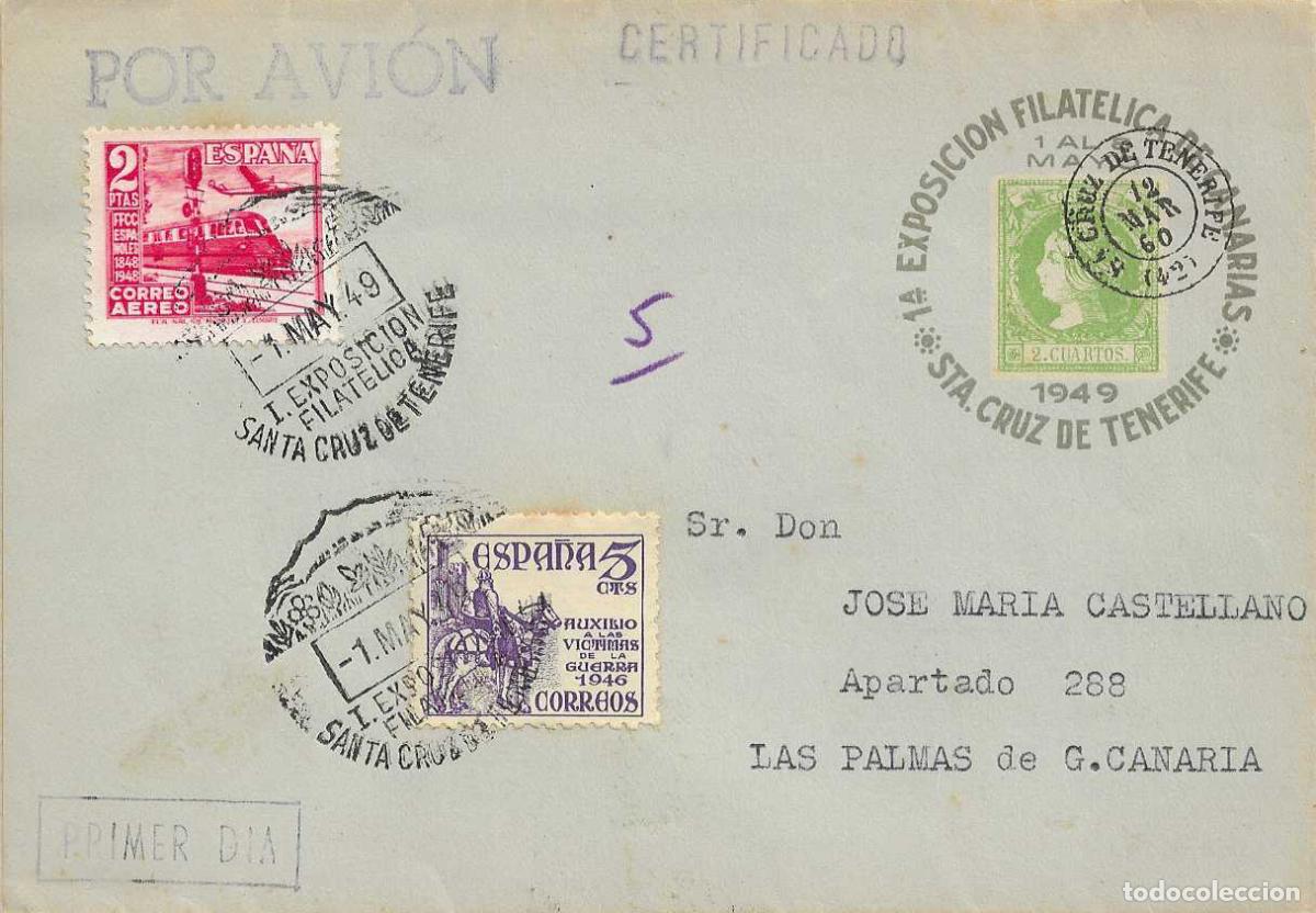 Sellos: I EXPOSICION FILATELICA SANTA CRUZ TENERIFE (CANARIAS) 1 MAYO 1949. MATASELLOS EN ENVUELTA CIRCULADA