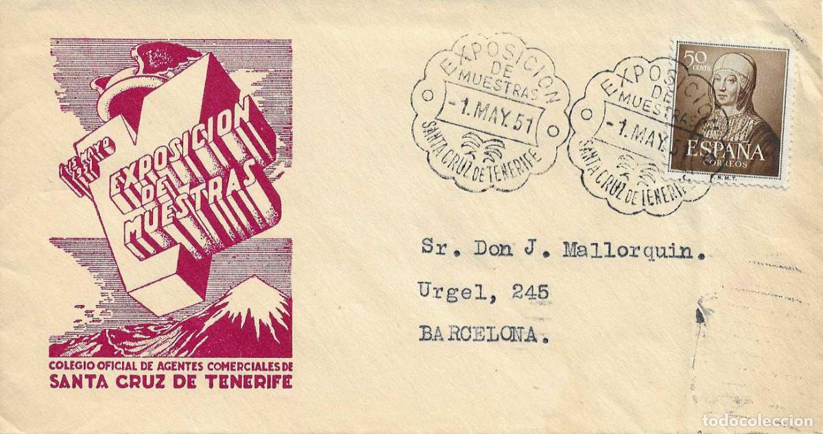 Sellos: EXPOSICION MUESTRAS, SANTA CRUZ DE TENERIFE (CANARIAS) 1951 MATASELLOS SOBRE ROJO CIRCULADO RARO ASI