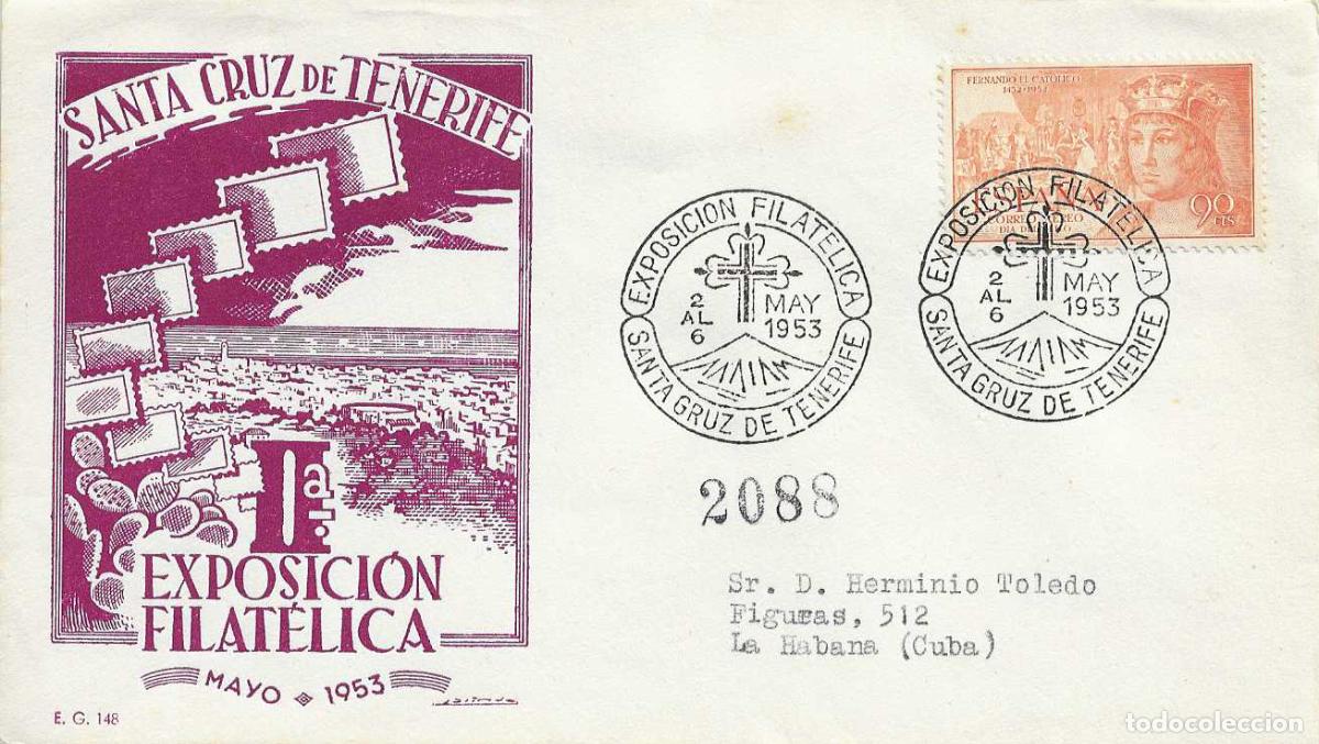 Sellos: II EXPOSICION FILATELICA SANTA CRUZ TENERIFE (CANARIAS) 1953. MATASELLOS SOBRE CIRCULADO EG RARO RWR