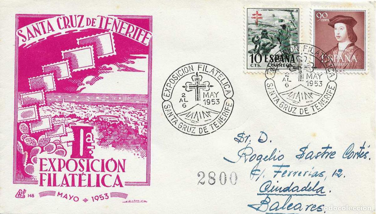 Sellos: II EXPOSICION FILATELICA SANTA CRUZ TENERIFE (CANARIAS) 1953. MATASELLOS SOBRE CIRCULADO DP RARO RWR