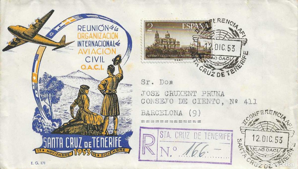 Sellos: II CONFERENCIA AFI ICAO OACI, SANTA CRUZ DE TENERIFE (CANARIAS) 12 DICIEMBRE 1953 MATASELLOS EN RARO