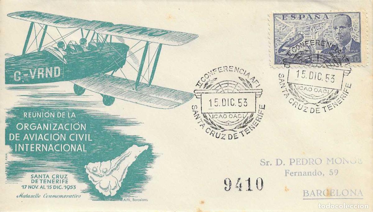 Sellos: II CONFERENCIA AFI ICAO OACI, SANTA CRUZ DE TENERIFE CANARIAS 15 DICIEMBRE 1953 MATASELLOS SOBRE RWR