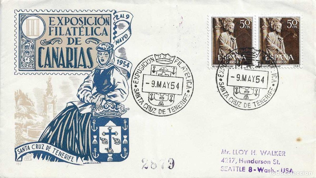 Sellos: III EXPOSICION, SANTA CRUZ DE TENERIFE (CANARIAS) 9 MAYO 1954. MATASELLOS SOBRE DE DP MUY RARO ASI
