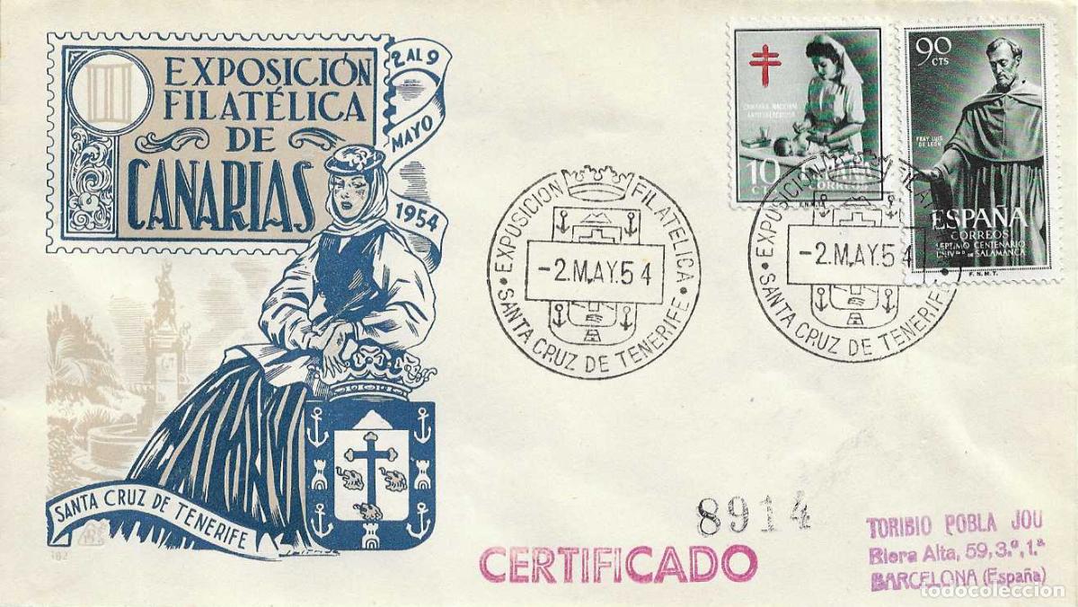 Selos: III EXPOSICION, SANTA CRUZ DE TENERIFE (CANARIAS) 2 MAYO 1954. MATASELLOS SOBRE DE DP MUY RARO RWR