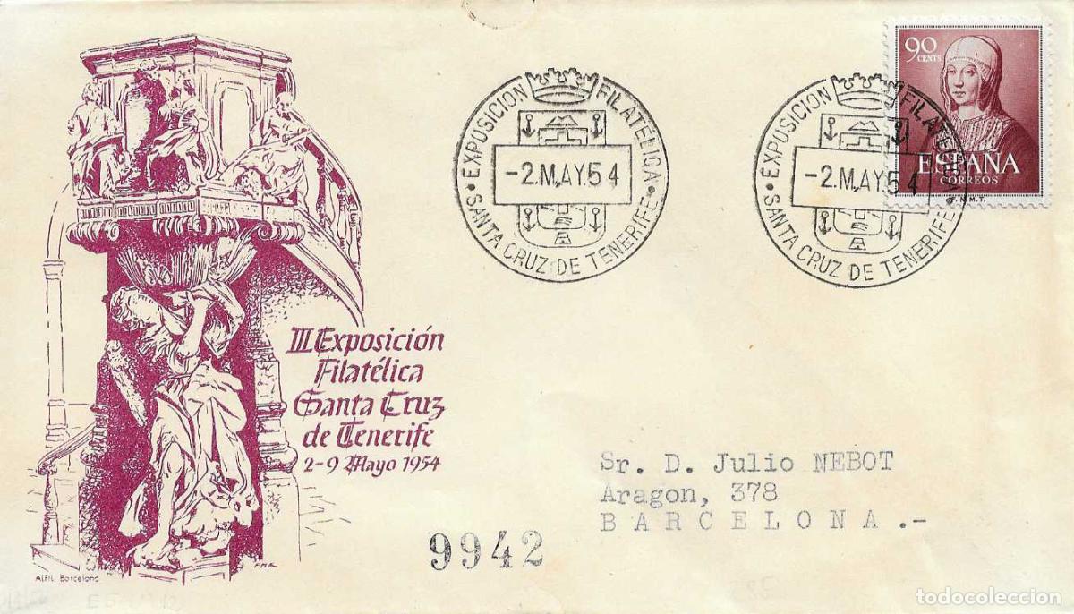 Selos: III EXPOSICION, SANTA CRUZ DE TENERIFE (CANARIAS) 2 MAYO 1954. MATASELLOS SOBRE CIRCULADO ALFIL RWR