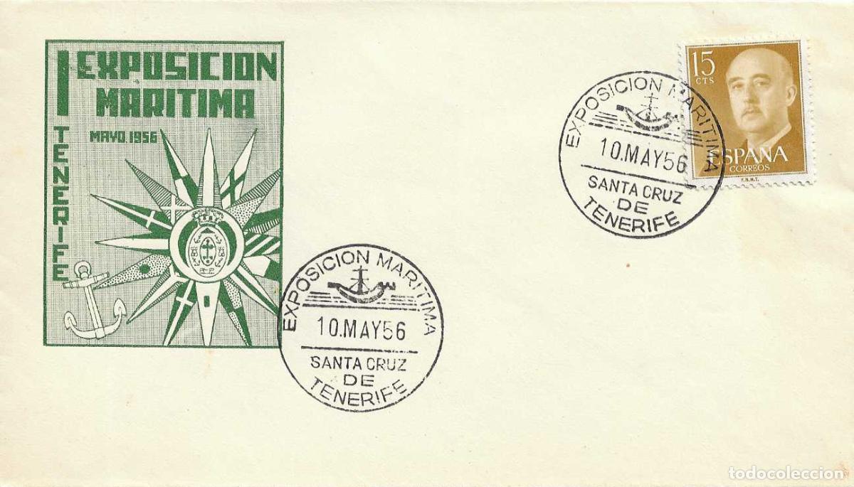 Sellos: BARCOS EXPOSICION MARITIMA, SANTA CRUZ DE TENERIFE (CANARIAS) 10 MAYO 1956. MATASELLOS EN RARO SOBRE