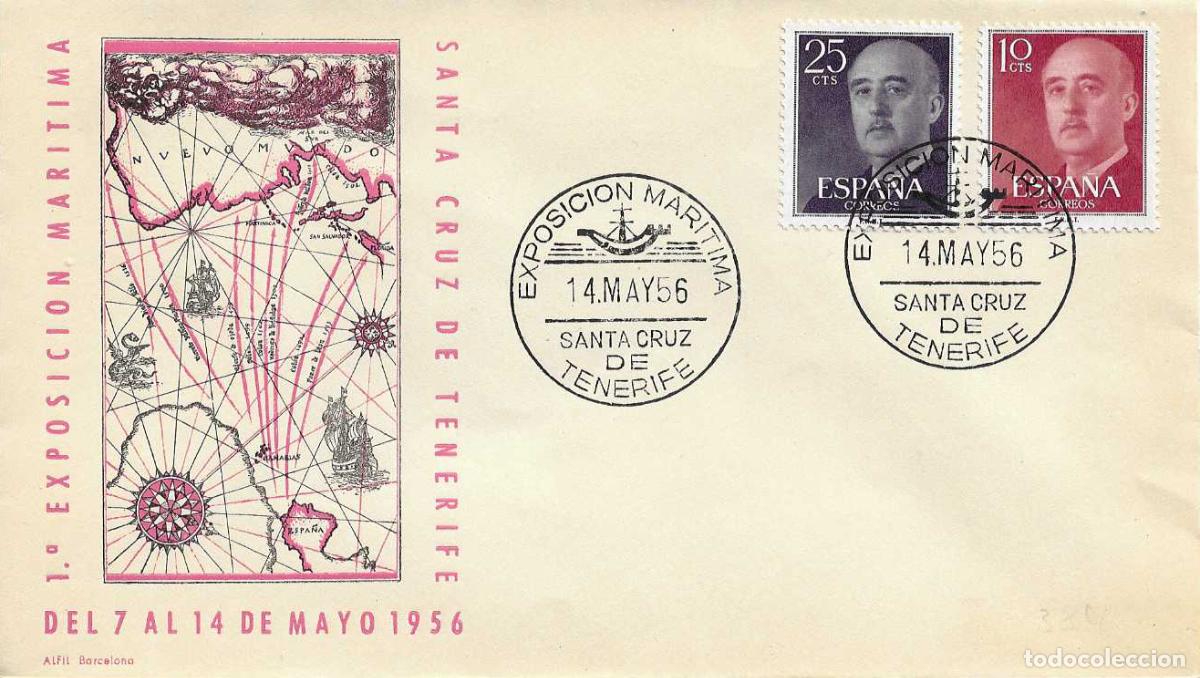 Sellos: BARCOS EXPOSICION MARITIMA, SANTA CRUZ TENERIFE (CANARIAS) 1956. MATASELLOS SOBRE SIN CIRCULAR ALFIL