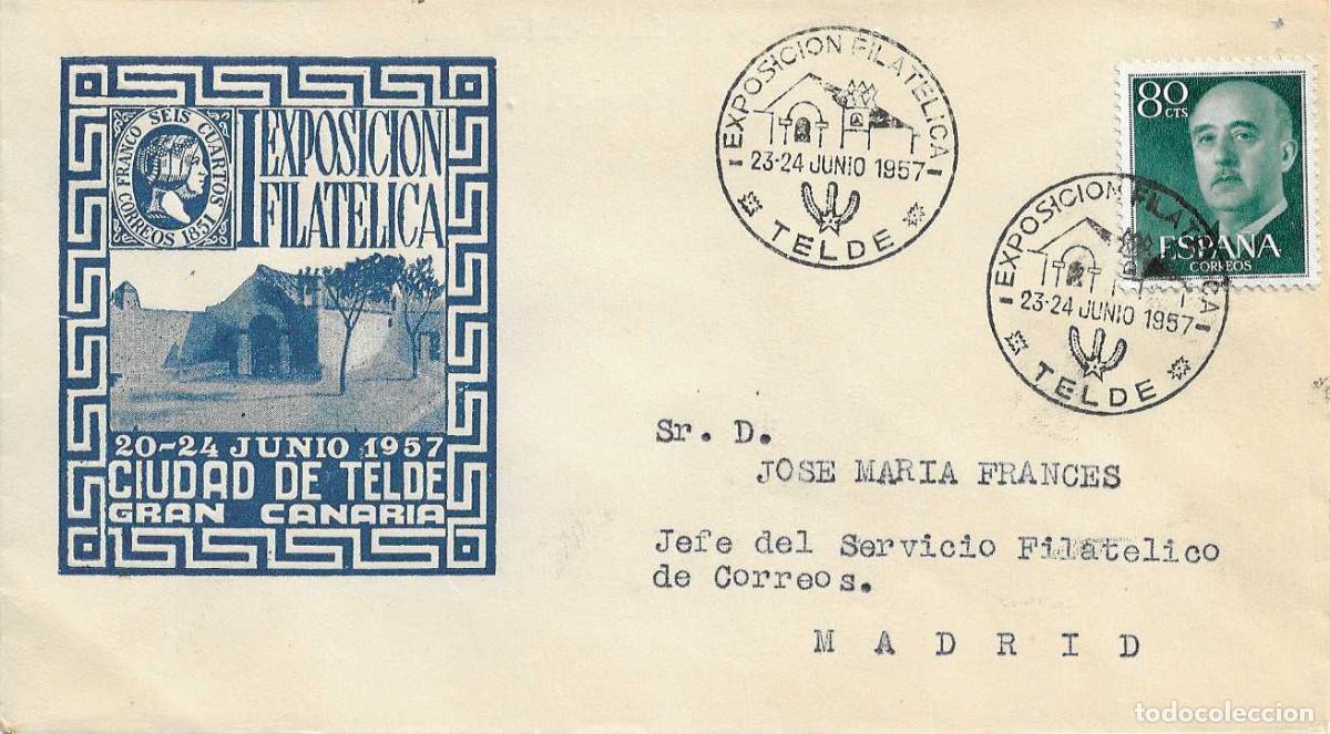 Sellos: ERMITA DE SAN ANTONIO EXPOSICION FILATELICA, TELDE CANARIAS 1957. MATASELLOS EN RARO SOBRE CIRCULADO