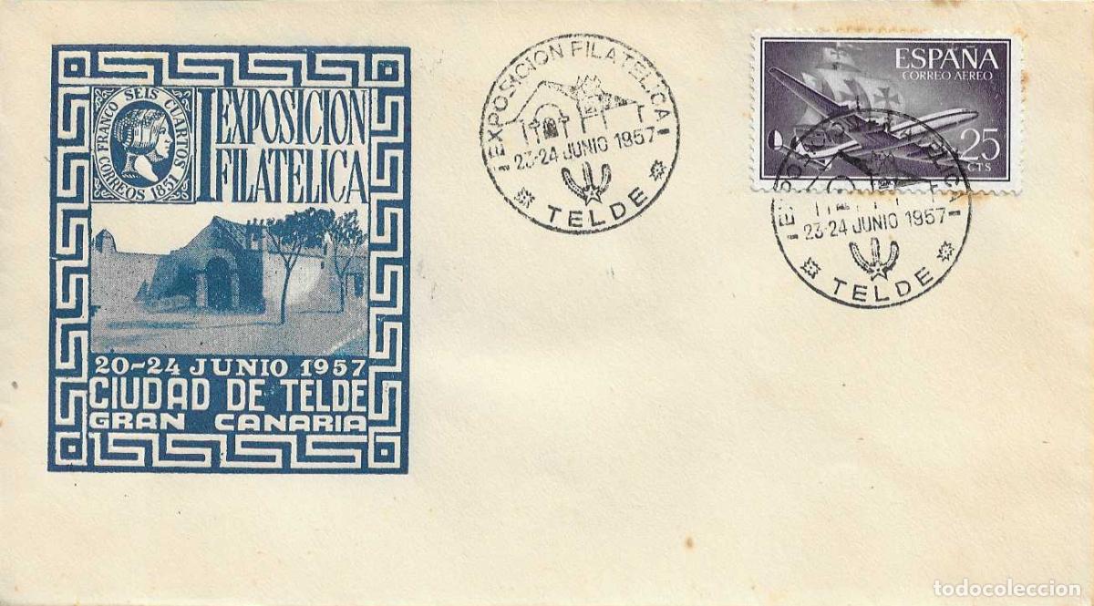 Sellos: ERMITA DE SAN ANTONIO EXPOSICION FILATELICA, TELDE CANARIAS 1957 MATASELLOS RARO SOBRE ILUSTRADO RWR