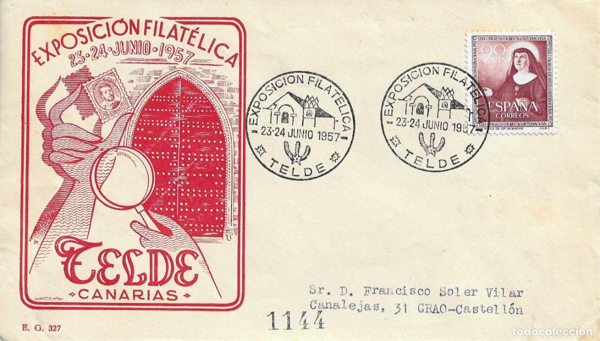 Sellos: ERMITA DE SAN ANTONIO EXPOSICION FIL, TELDE (CANARIAS) 1957. MATASELLOS SOBRE CIRCULADO EG MUY RARO