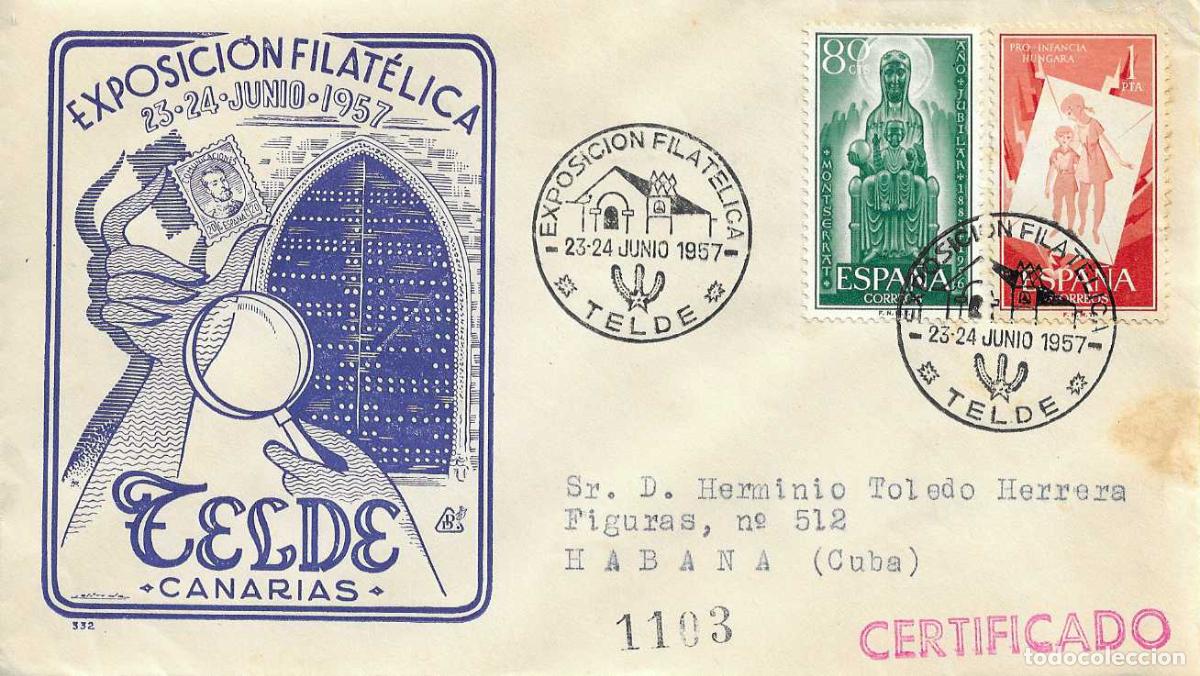 Sellos: ERMITA DE SAN ANTONIO EXPOSICION FILATELICA, TELDE (CANARIAS) 1957 MATASELLOS SOBRE CIRCULADO DP RWR