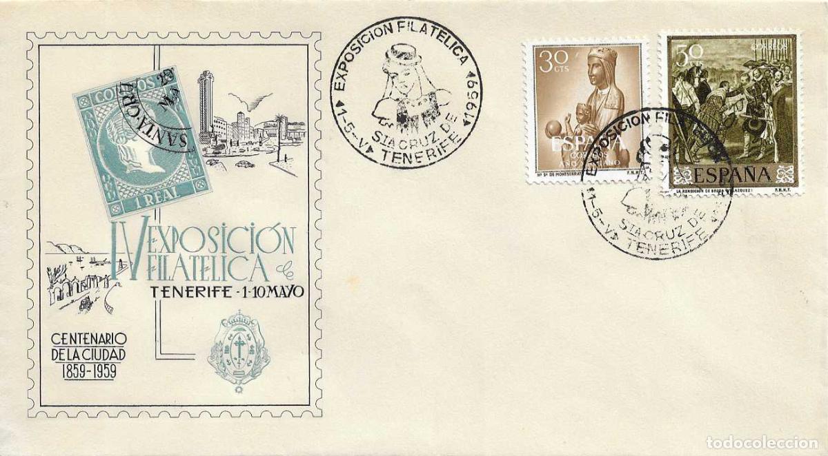 Sellos: CENTENARIO DE LA CIUDAD IV EXPOSICION, SANTA CRUZ TENERIFE (CANARIAS) 1959 MATASELLOS SOBRE NUMERADO