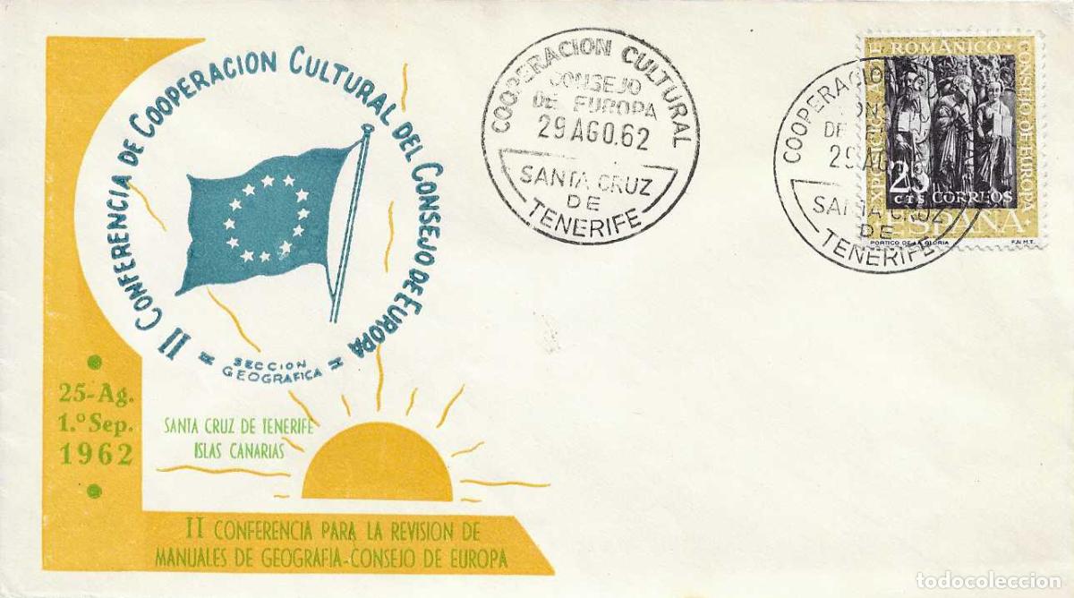 Sellos: COOPERACION CONSEJO DE EUROPA, SANTA CRUZ TENERIFE (CANARIAS) 29 AGOSTO 1962. MATASELLOS RARO SOBRE