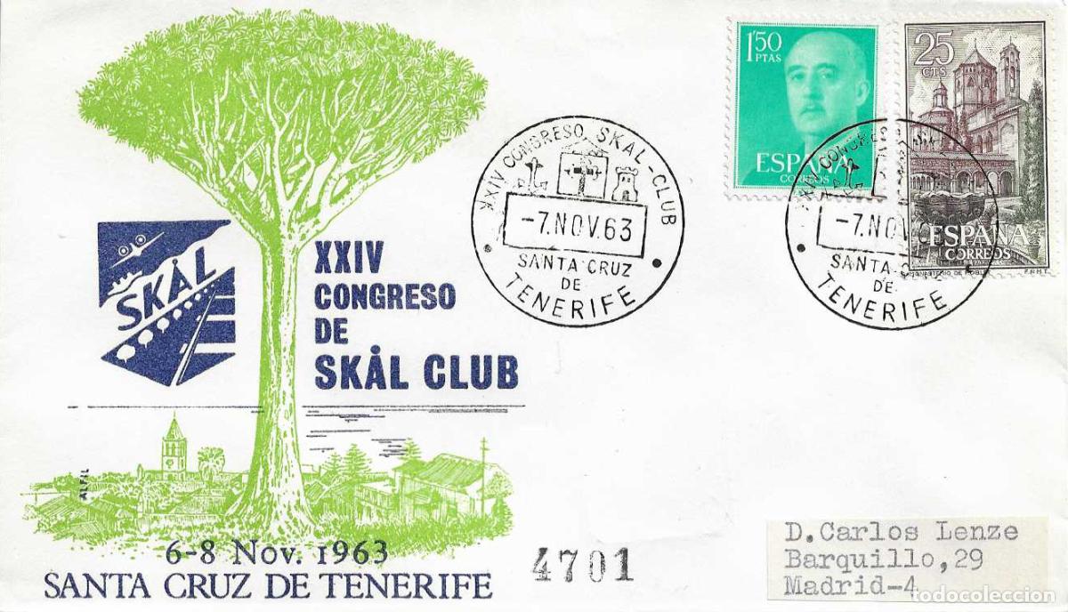 Sellos: SKAL CLUB CONGRESO, SANTA CRUZ TENERIFE (CANARIAS) 7 NOVIEMBRE 1963 MATASELLOS SOBRE CIRCULADO ALFIL