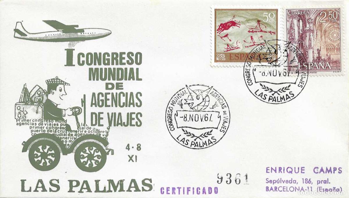 Sellos: TURISMO AGENCIAS DE VIAJES CONGRESO, LAS PALMAS (CANARIAS) 1967. MATASELLOS EN RARO SOBRE CIRCULADO